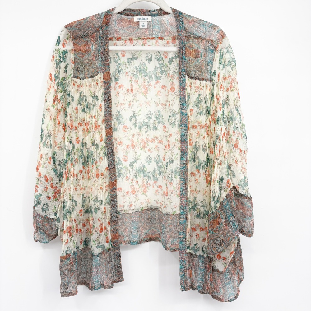 Sundance Womens Floral Paisley Boho Chic Sheer Open Front Cupro Kimono Size M